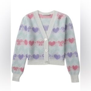 ALESSANDRA RICH Pastel Heart Bow Patterned Intarsia-Knit Cardigan Size 46 NWT